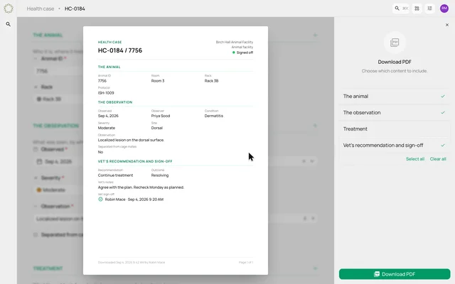Choose the sections in a case PDF — product demonstration