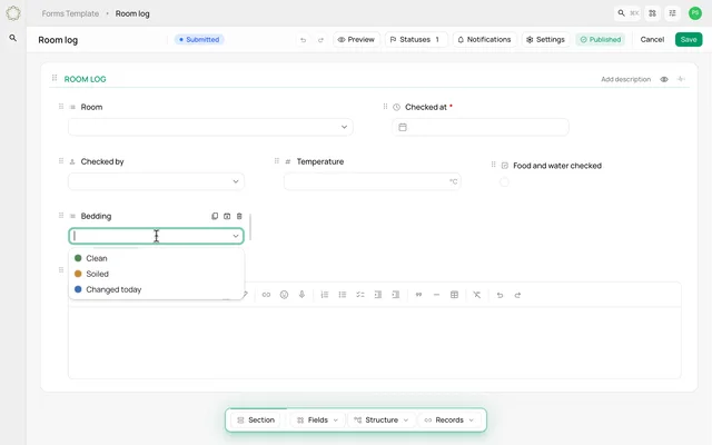 Choose the fields your room log needs — product demonstration