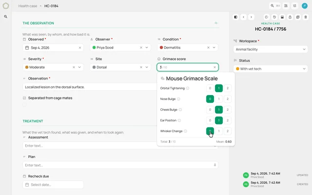 Record a grimace score in the case — product demonstration
