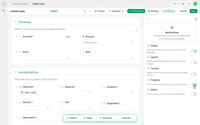 Choose the events that send notifications — product demonstration