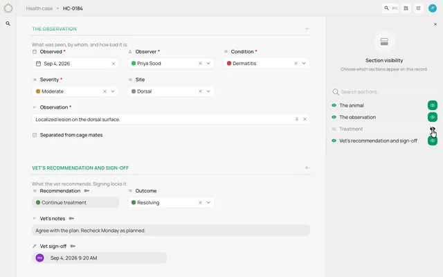 Choose which sections appear on a record — product demonstration