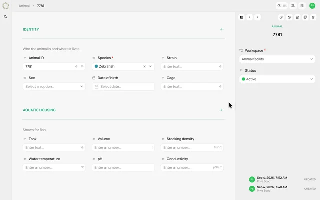 Show the care fields that fit the species — product demonstration