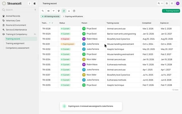 Track training expiry and reassessment — product demonstration