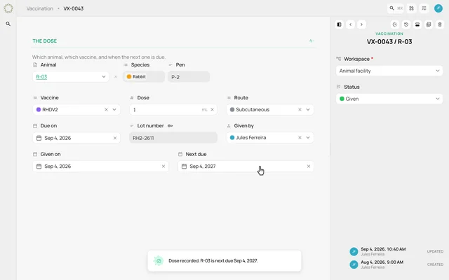 Preview a vaccination log and next due date — product demonstration
